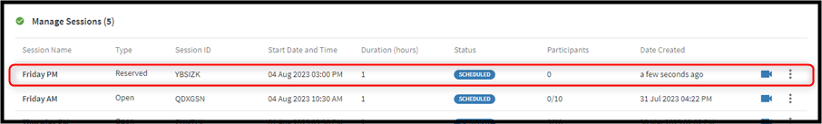 Reserved session added to the list of sessions