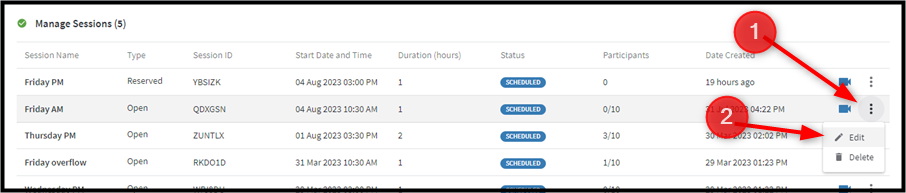 Editing a session timeslot