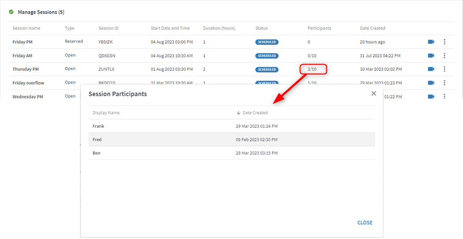 Enrolled Participants via Manage Session Timeslots pane