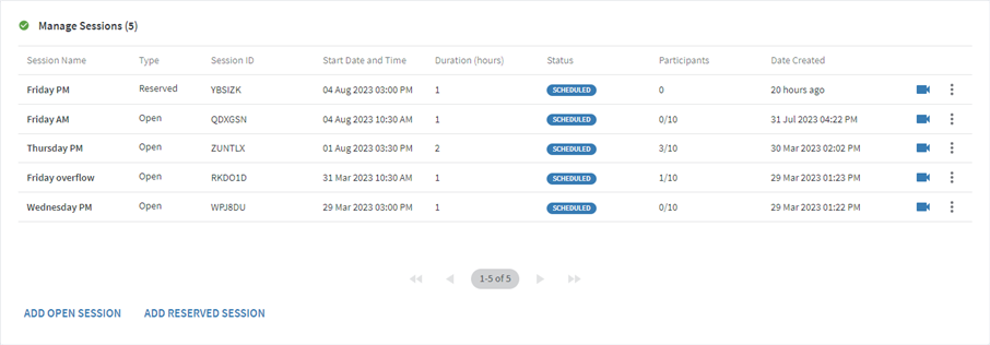 Manage Sessions pane