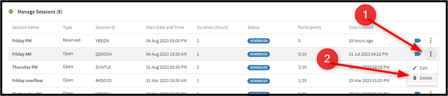 Deleting a session timeslot