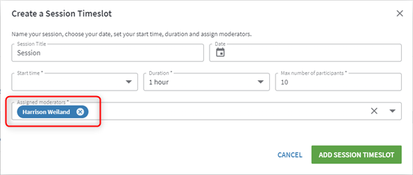 Default moderator on the Create a Timeslot/Session overlay